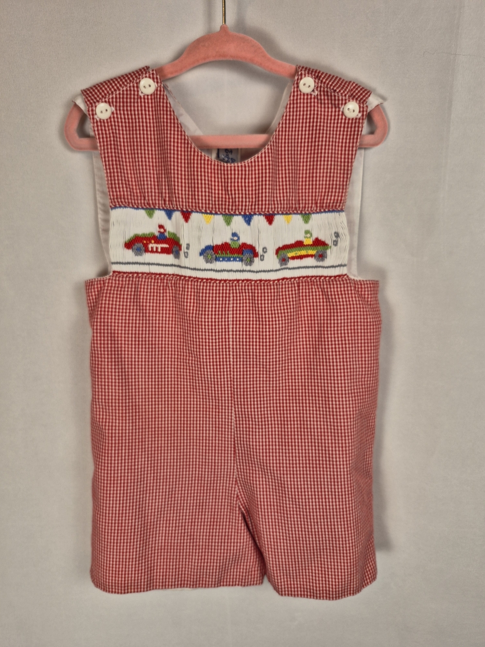 Red Gingham Smocked Kids Overalls with Racecar Embroidery Size 18M